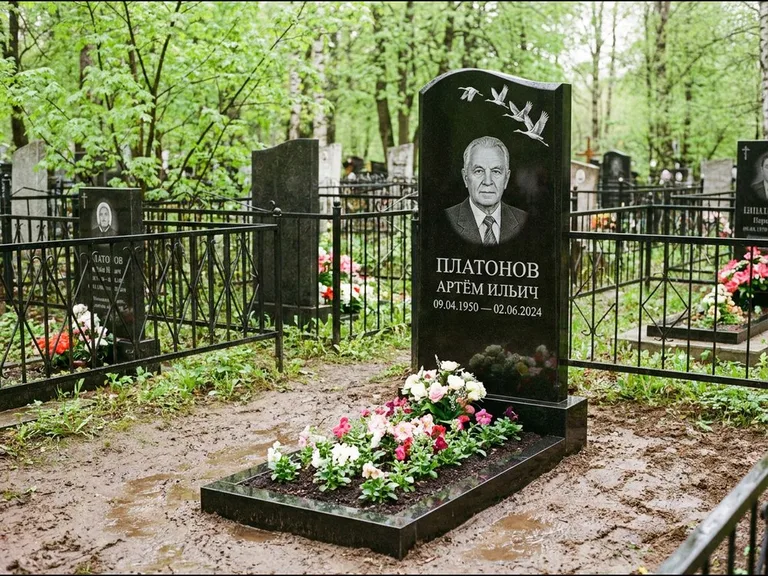Памятник с гравировкой журавлей — белая гравировка клина журавлей, уходящего в верхний угол ст, работа «Платонов» в Новокузнецке