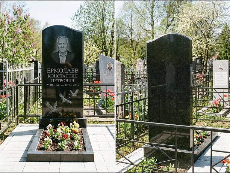Памятник с гравировкой журавлей — гравировка трёх журавлей по диагонали через свободное поле с, работа «Ермолаев» в Новокузнецке