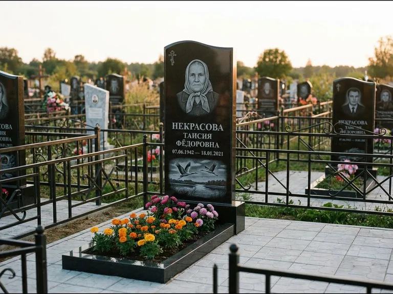 Памятник с гравировкой журавлей — гравировка пары журавлей над гладью озера в нижней части, работа «Некрасова» в Новокузнецке