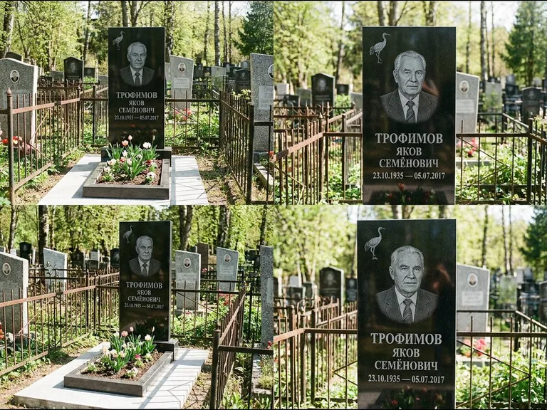 Памятник с гравировкой журавлей — гравировка одиночного летящего журавля над портретом, работа «Трофимов» в Новокузнецке