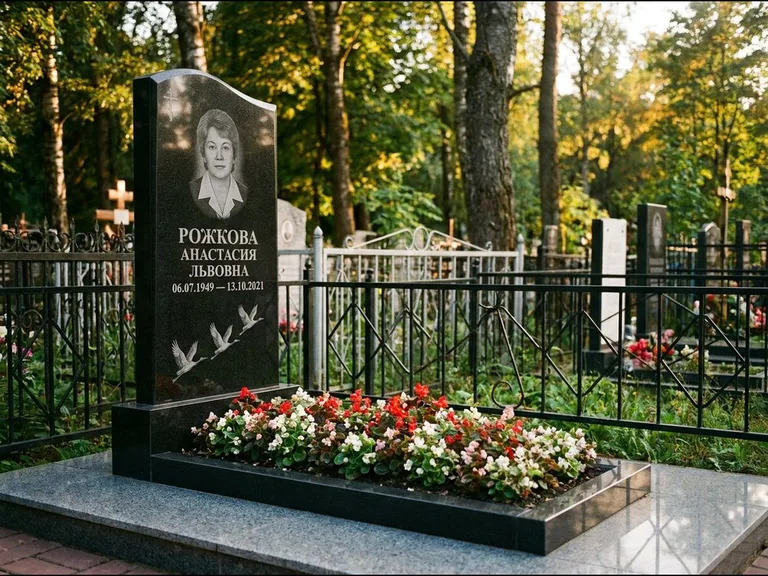 Памятник с гравировкой журавлей — гравировка трёх журавлей по диагонали через свободное поле с, работа «Рожкова» в Новокузнецке