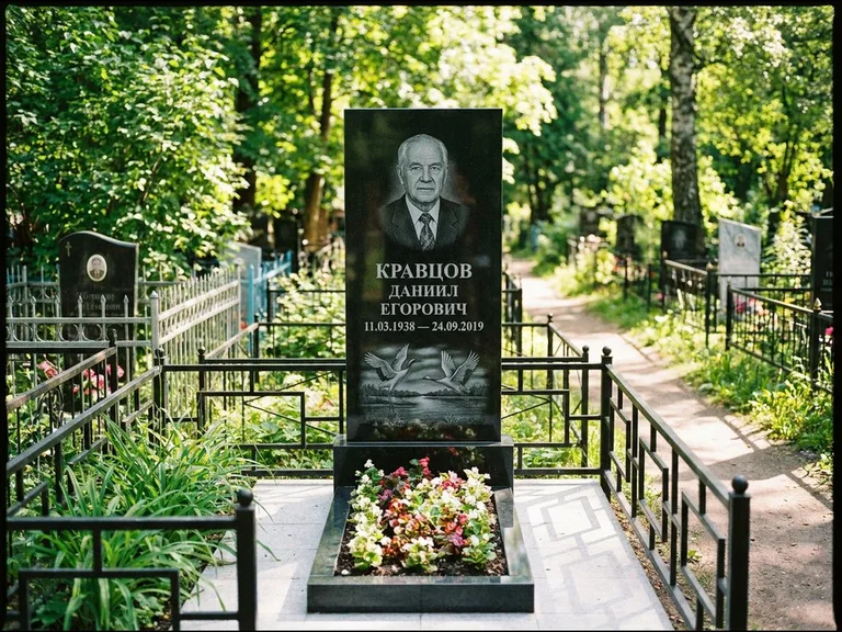 Памятник с гравировкой журавлей — гравировка пары журавлей над гладью озера в нижней части, работа «Кравцов» в Новокузнецке
