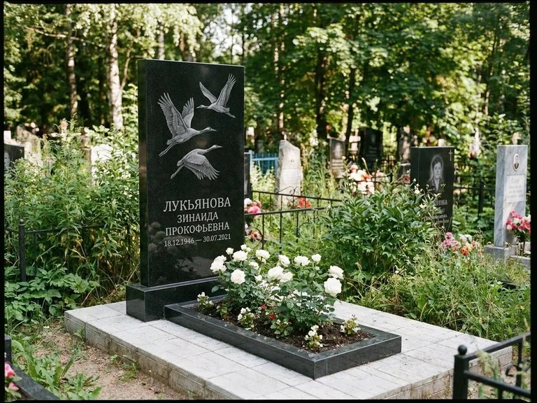 Памятник с гравировкой журавлей — гравировка журавлей, работа «Лукьянова» в Новокузнецке