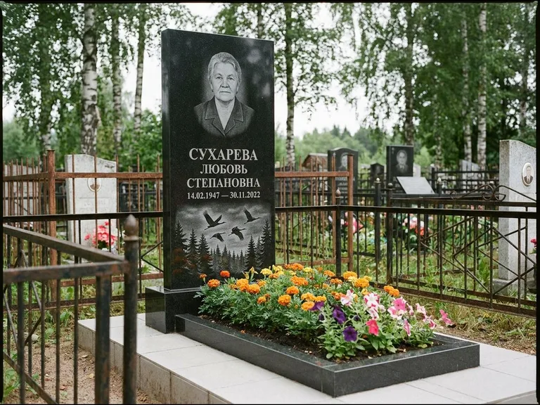Памятник с гравировкой журавлей — гравировка силуэтов журавлей над еловым лесом, работа «Сухарева» в Новокузнецке