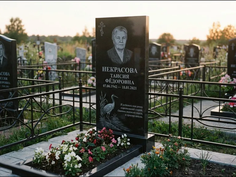 Памятник с гравировкой журавлей — гравировка журавля у камышей рядом с эпитафией, работа «Некрасова» в Новокузнецке