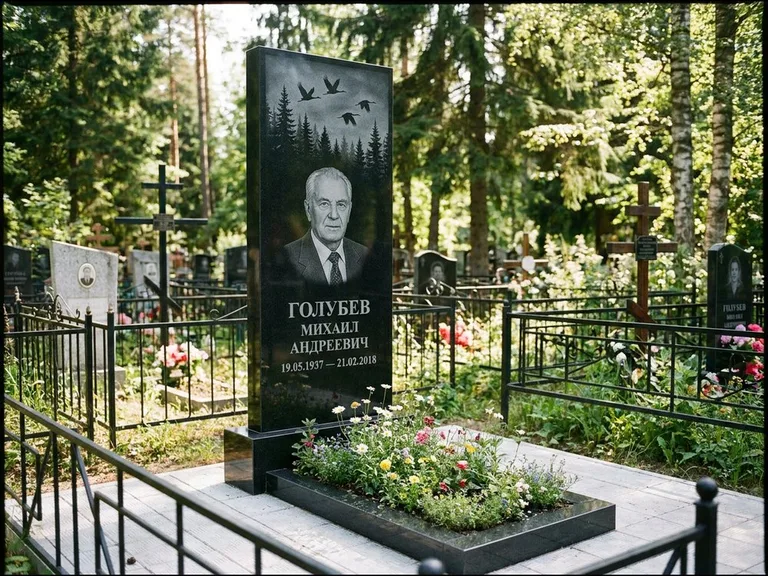 Памятник с гравировкой журавлей — гравировка силуэтов журавлей над еловым лесом, работа «Голубев» в Новокузнецке