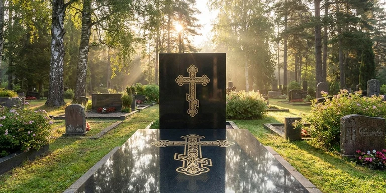 Гравировка креста на памятнике в Новокузнецке — православный восьмиконечный крест на граните