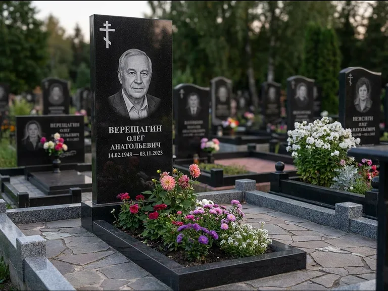 Памятник из чёрного гранита — горизонтальная плита-стела с православным восьмиконечным крестом, работа «Тихонов» в Новокузнецке