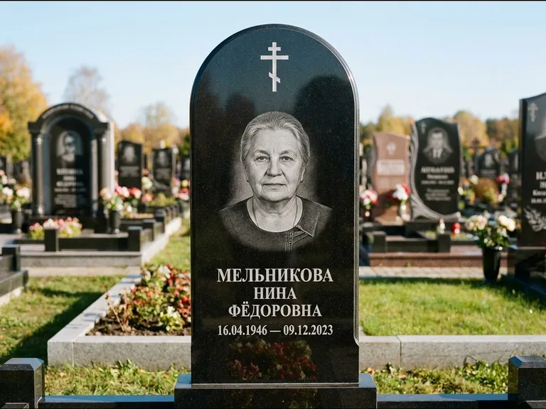 Памятник из чёрного гранита — стела с резным навершием с латинским крестом, работа «Савельева» в Новокузнецке