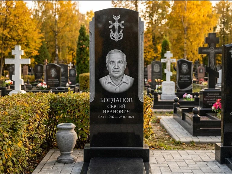 Памятник из чёрного гранита — круглая стела-медальон с армянским хачкаром, работа «Ковалёв» в Новокузнецке