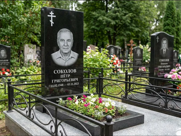 Памятник из чёрного гранита — стела с арочным верхом с православным восьмиконечным крестом, работа «Ковалёв» в Новокузнецке