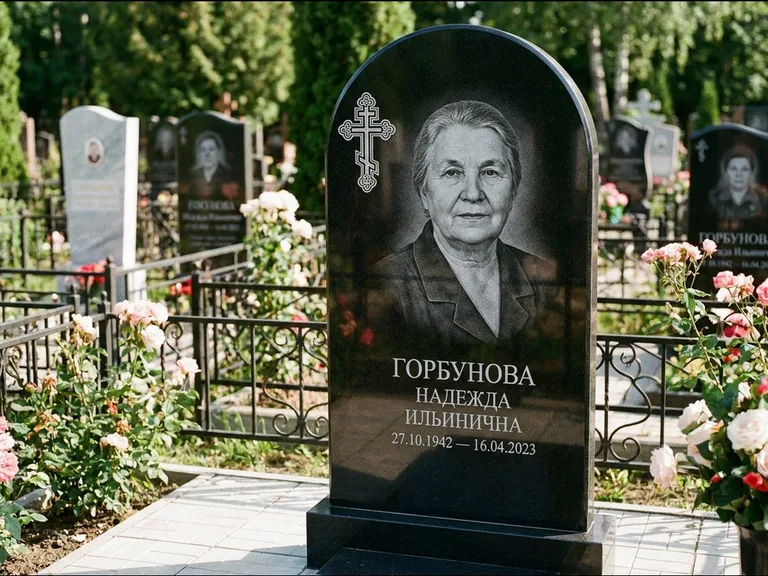 Памятник из чёрного гранита — стела с боковой колонной с крестом в лучах, работа «Мельникова» в Новокузнецке