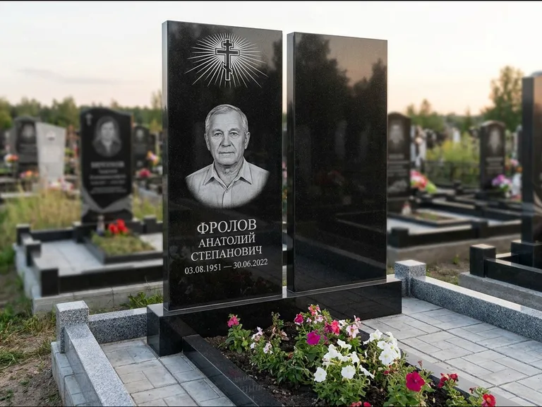 Памятник из чёрного гранита — стела на ступенчатом постаменте с золочёным крестом, работа «Богданов» в Новокузнецке