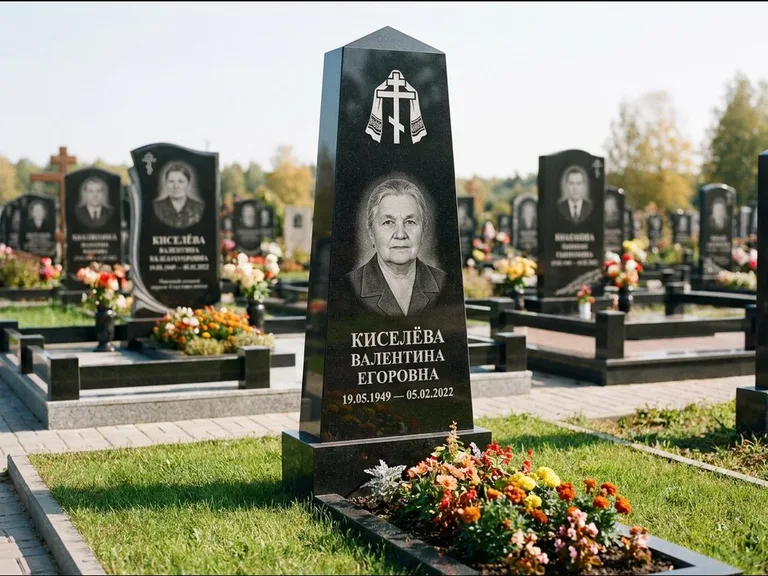 Памятник из чёрного гранита — стела со скошенным верхом с ажурным резным крестом, работа «Селезнёва» в Новокузнецке