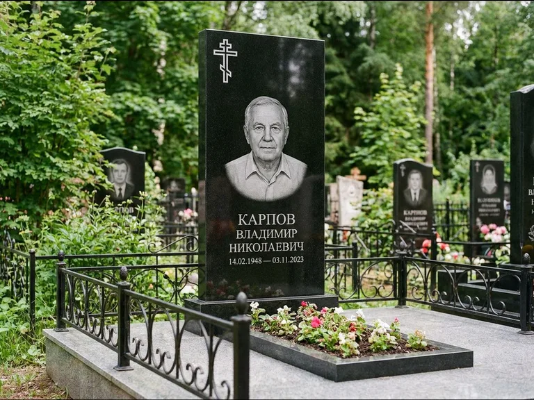 Памятник из чёрного гранита — узкая стела с ажурным крестом с православным восьмиконечным крестом, работа «Гущин» в Новокузнецке