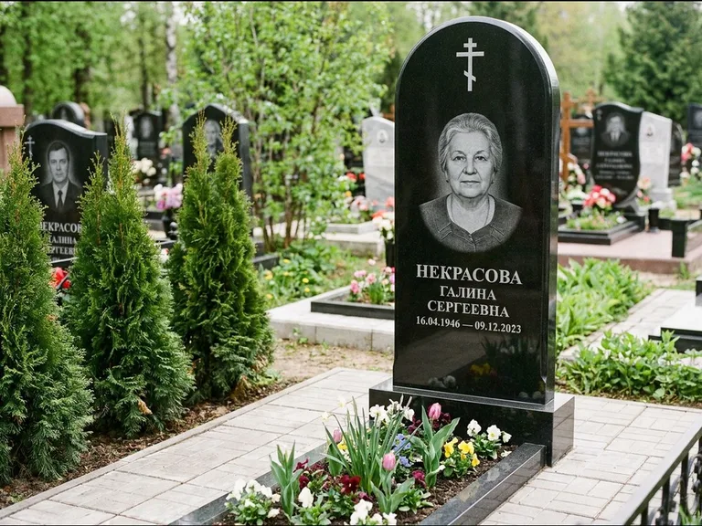 Памятник из чёрного гранита — стела с цветником-плитой с латинским крестом, работа «Лаврентьева» в Новокузнецке