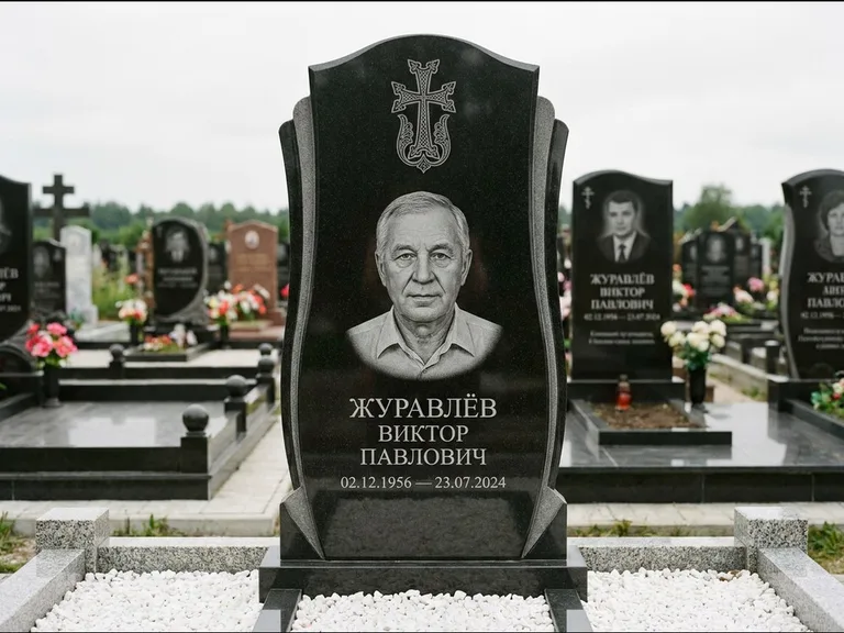 Памятник из чёрного гранита — панорамная стела с армянским хачкаром, работа «Тихонов» в Новокузнецке