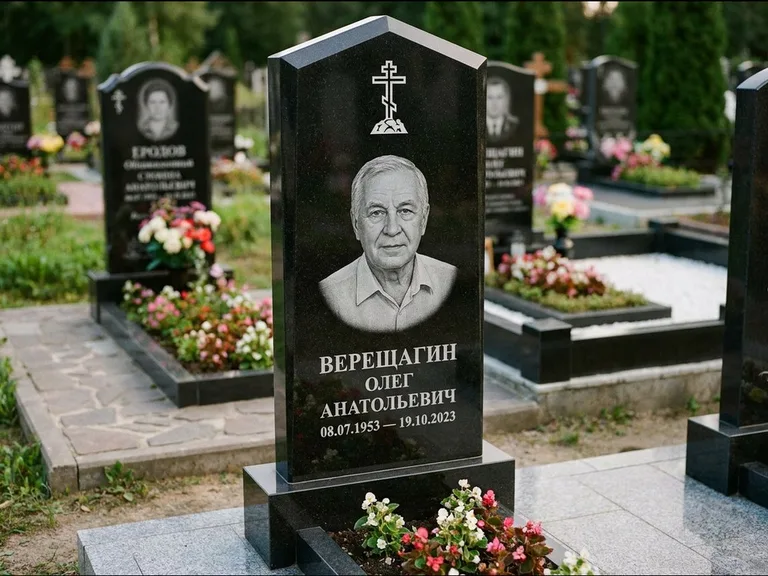 Памятник из чёрного гранита — обелиск-колонна с крестом на Голгофе, работа «Ковалёв» в Новокузнецке