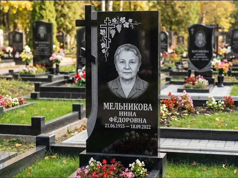 Памятник из чёрного гранита — стела с резной рамкой с крестом с распятием, работа «Некрасова» в Новокузнецке