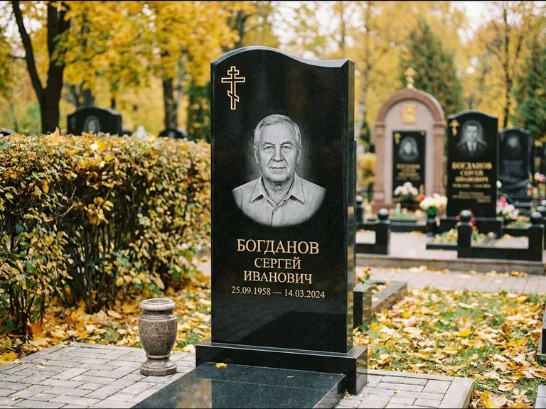 Памятник из чёрного гранита — стела с цветником с процветшим крестом с виноградной лозой, работа «Журавлёв» в Новокузнецке