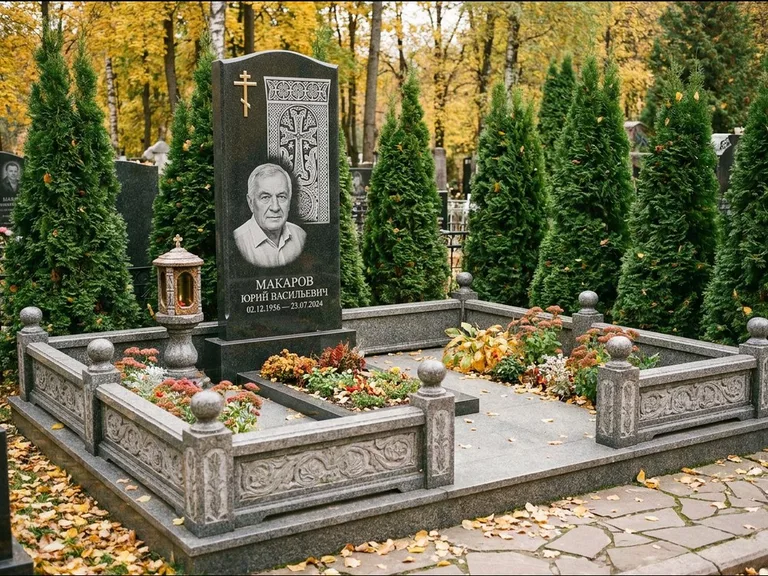 Памятник из чёрного гранита — стела с крестом и лампадой с армянским хачкаром, работа «Гущин» в Новокузнецке