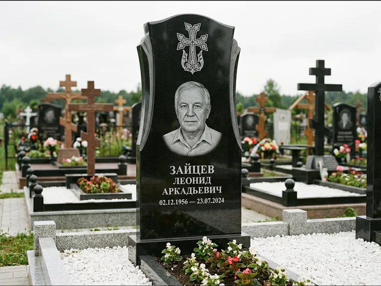 Памятник из чёрного гранита — семейная стела на двоих с армянским хачкаром, работа «Журавлёв» в Новокузнецке