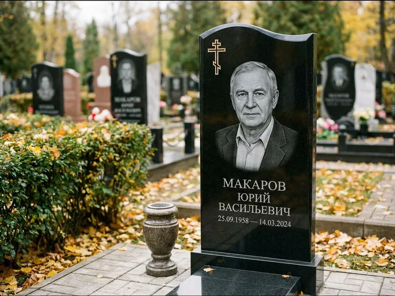 Памятник из чёрного гранита — фигурная стела с киот-нишей с процветшим крестом с виноградной лозой, работа «Богданов» в Новокузнецке