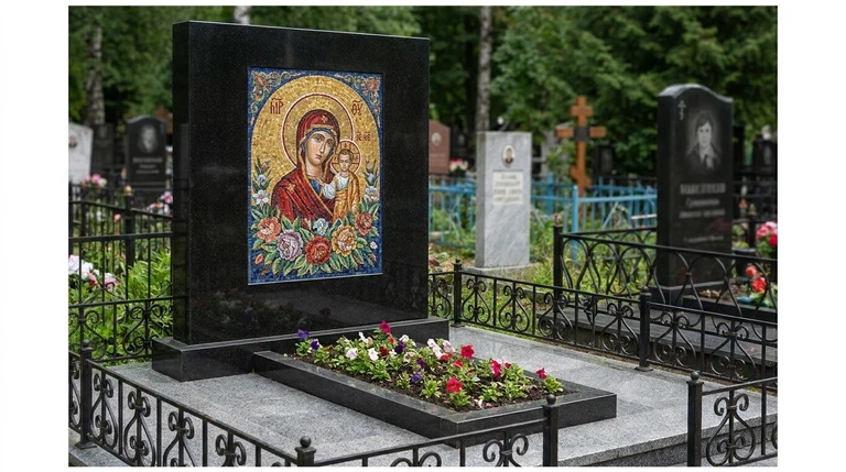 Мозаика на памятник в Новокузнецке — цветное панно из смальты на чёрной гранитной стеле