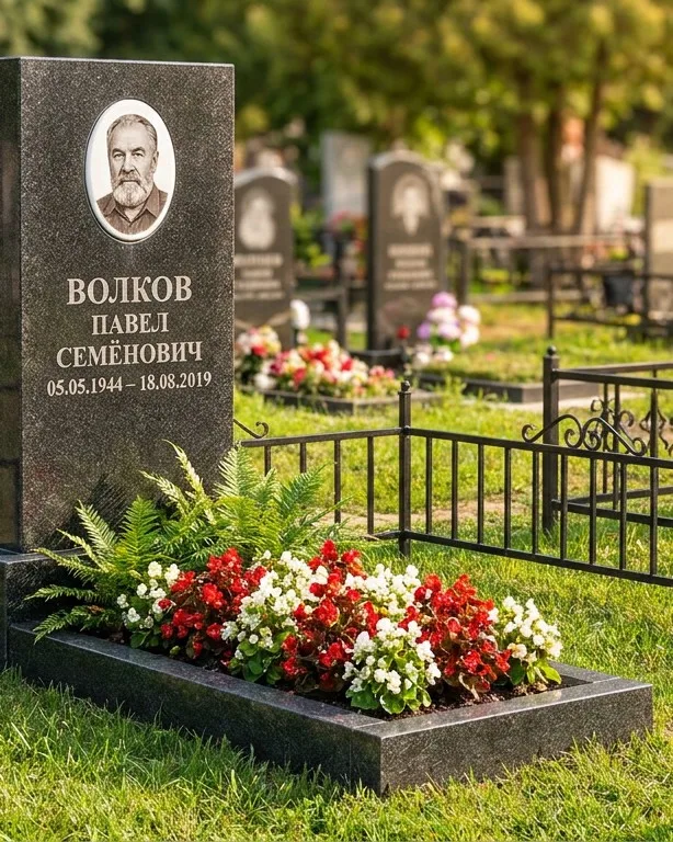 Тёмно-серый памятник под ключ с художественной гравировкой в Новокузнецке