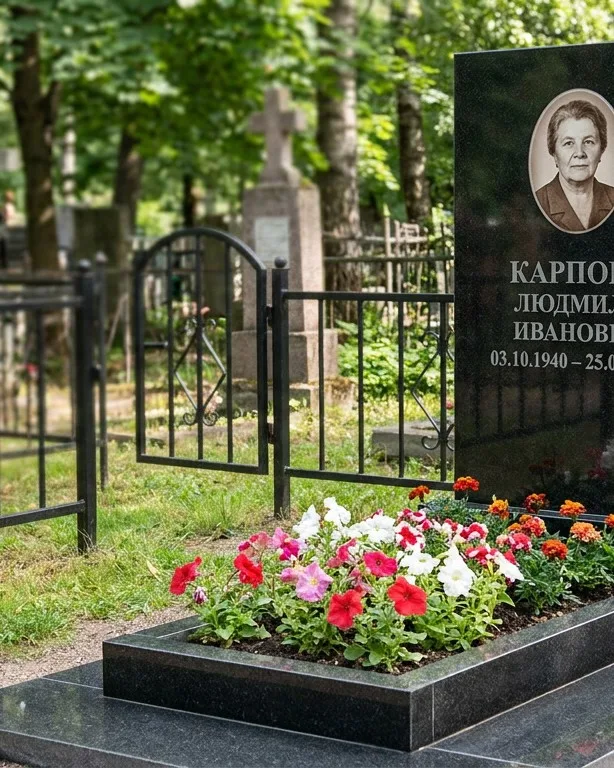 Памятник под ключ с низкой оградой и цветником в Новокузнецке