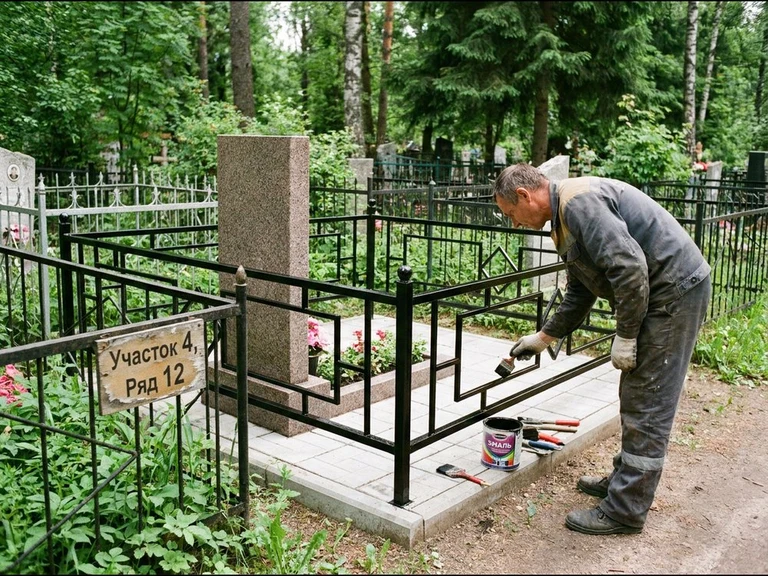 Покраска оградки на кладбище в Новокузнецке — мастер красит металлическую ограду на могиле чёрной эмалью