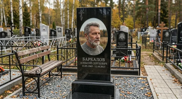 Овальный портрет на стекле на чёрной гранитной стеле в Новокузнецке
