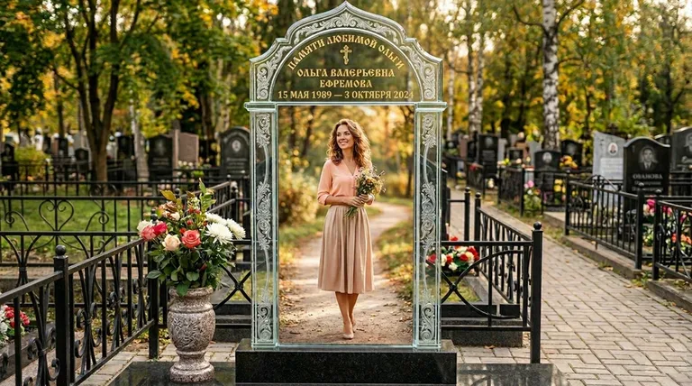 Портрет на стекле в форме арки на памятнике в Новокузнецке