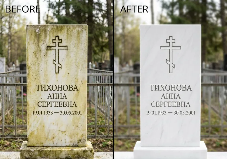 Восстановление мраморного надгробия от желтизны: до и после в Новокузнецке