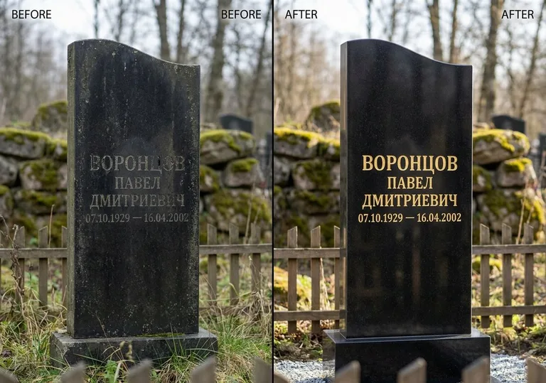 Золочение и обновление надписей на памятнике: до и после в Новокузнецке