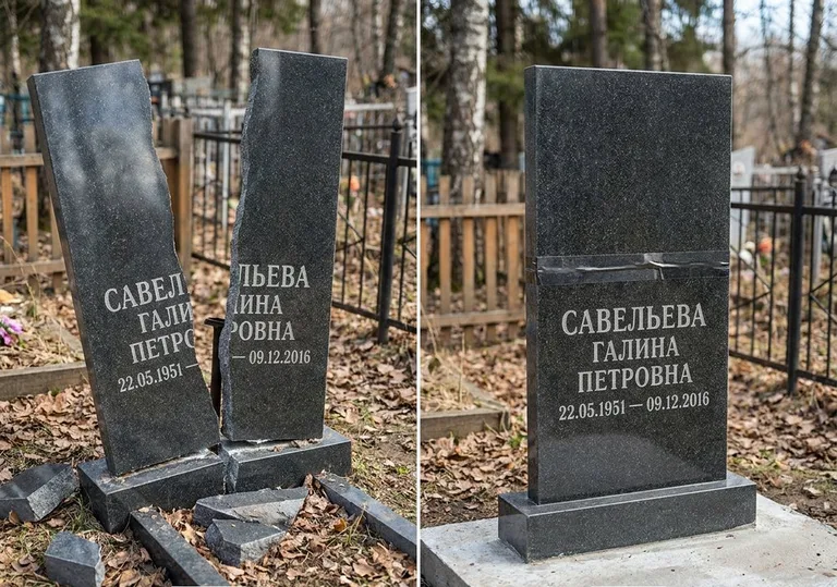 Склейка расколотого гранитного памятника: до и после в Новокузнецке