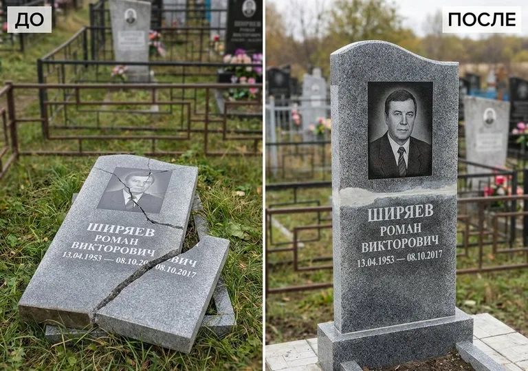 Обновление золочёных букв на граните: до и после в Новокузнецке