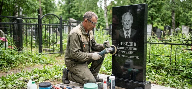 Реставрация памятника в Новокузнецке — восстановление гранита, заделка трещин и обновление надписей на кладбище