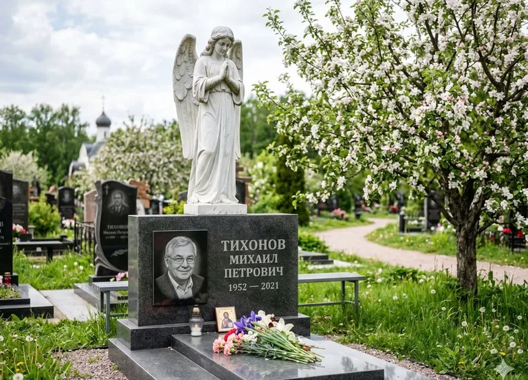 Мраморный молящийся ангел на гранитном памятнике весной в Новокузнецке