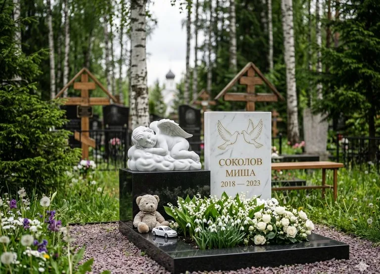 Белый ангелочек на детском памятнике в Новокузнецке