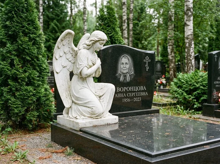 Белый мраморный ангел на гранитном памятнике в Новокузнецке