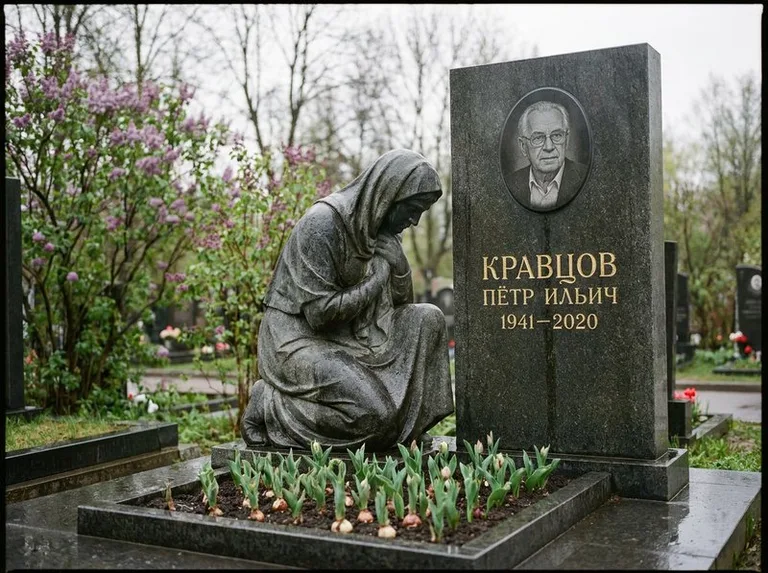 Гранитная скорбящая фигура у стелы на кладбище в Новокузнецке