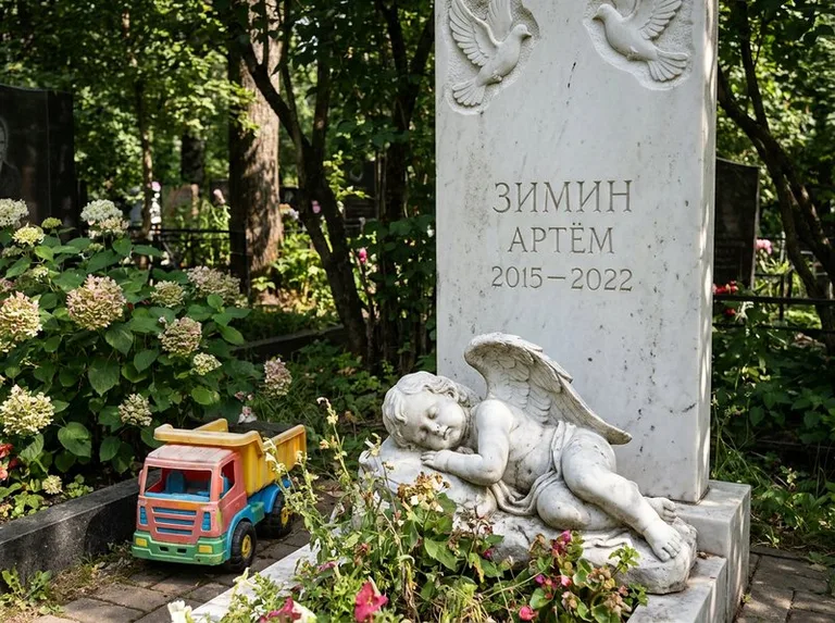 Спящий ангелочек на детском памятнике в Новокузнецке