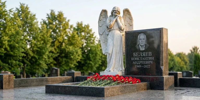 Скульптура на памятник в Новокузнецке — мраморный ангел на гранитном мемориале
