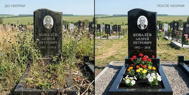 Уборка могилы до и после — ухоженный участок в Новокузнецке