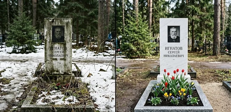 Диптих №6: высадка хризантем у подножия серого гранита — до и после уборки в Новокузнецке