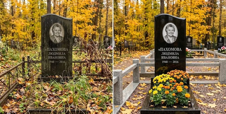 Уборка могилы до и после осенью — клёны в Новокузнецке