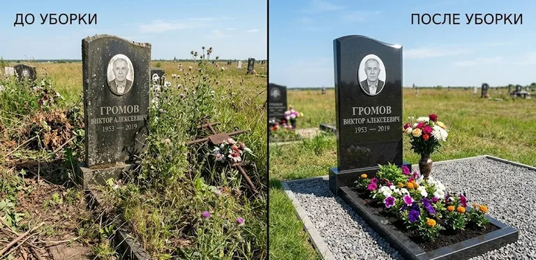 Уборка участка с обелиском до и после в Новокузнецке