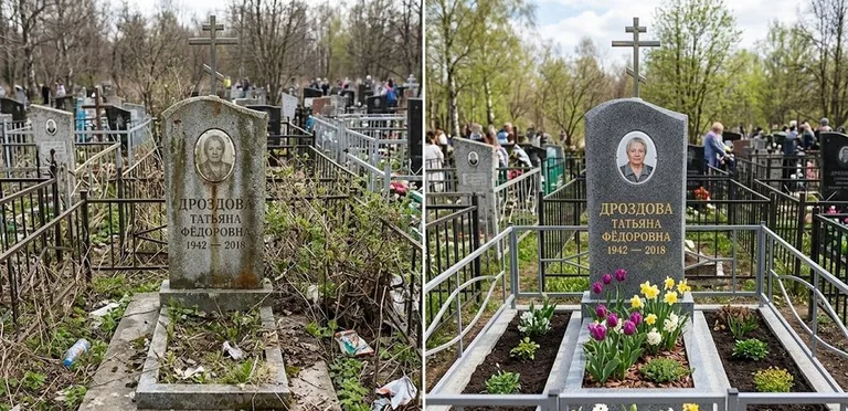 Диптих №4: свежепокрашенная серебром оградка и отмытый красный гранит — до и после в Новокузнецке