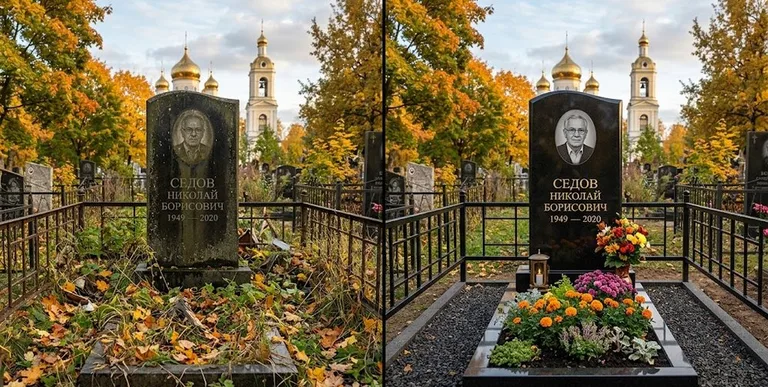 Уборка могилы до и после осенью — у церкви в Новокузнецке